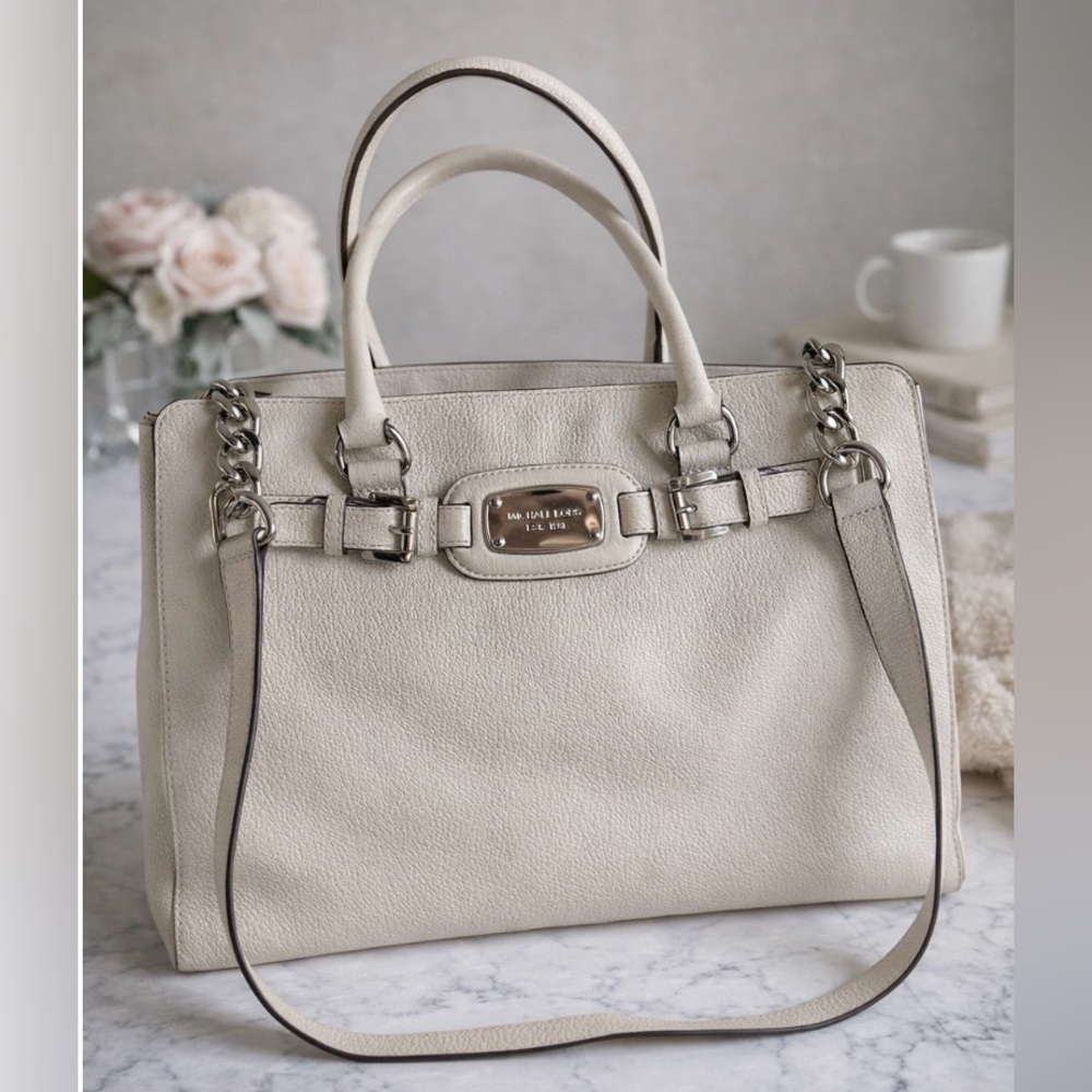 Michael Kors Hamilton Cream Pebbled Leather Tote Silver Hardware Purse